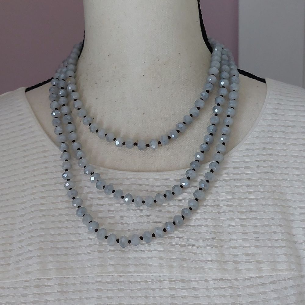 Blue Swarovski Like Faceted Glass Beads Layered Necklace No Clasp Pullover Style